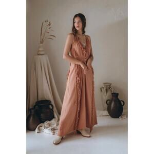 Aya Sacred Wear Dusty Rose Boho Tassel Fringe Halter Maxi Dress Size Large